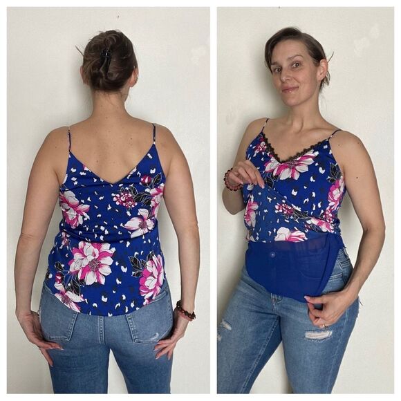 Express V Neck Floral Tank Top Small Blue Pink Lace - Picture 3 of 10